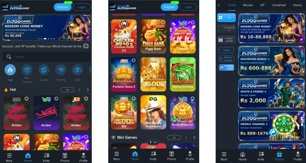 R988 Game app Android download and gaming screen.